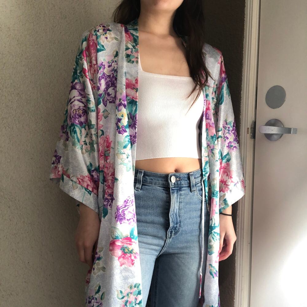 Vintage Adonna floral satin kimono robe romantic lingerie coverup small